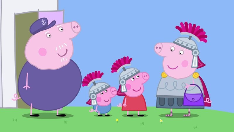 L-R: Grandpa Pig, George Pig, Peppa Pig, Granny Pig. – Bild: TVNOW