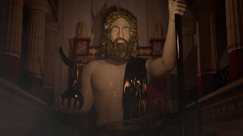Die Statue des Zeus, eines der sieben Weltwunder der Antike, ist zerstört. Die Rekonstruktion zeigt, wie sie ausgesehen haben könnte. – Bild: ZDF und Séquana média