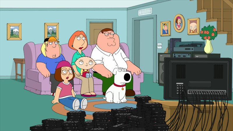 Werden ausgewählt, ihre Fernsehgewohnheiten überwachen zu lassen. (v.l.n.r.) Megan, Chris, Stewie, Louis, Brian und Peter … – Bild: Twentieth Century Fox Film Corporation