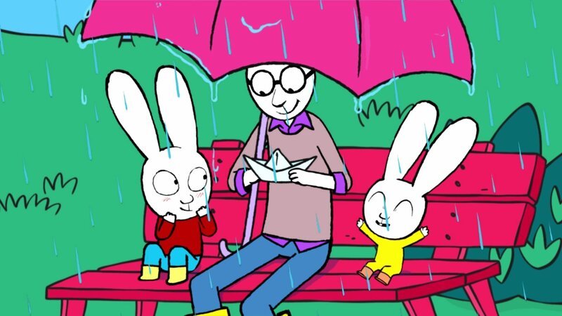 Trotz Regenwetter sind Simon (l.) und Franz (r.) in bester Laune, weil Papa (M.) ihnen extra ein Faltboot gebastelt hat, das die beiden auf dem Teich schwimmen lassen dürfen. – Bild: ZDF und GO-N Productions