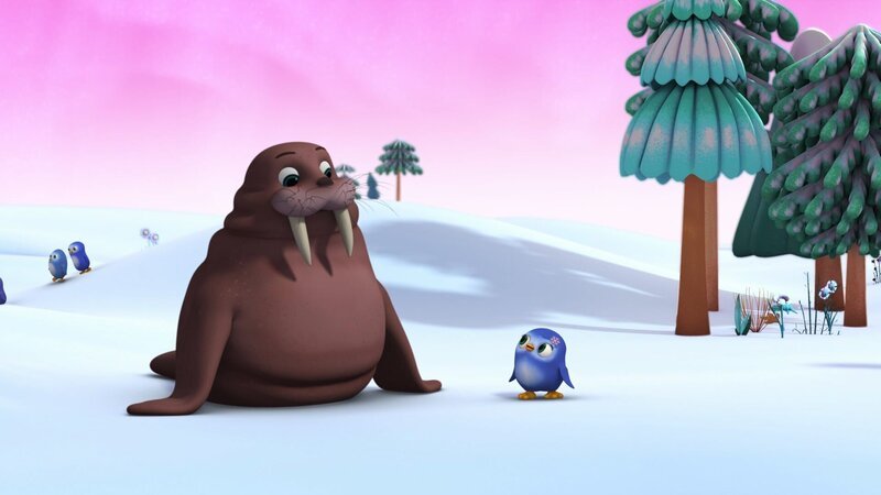 Pinguin-Mädchen Peggy bittet Walross Wilma, bei der Suche nach dem perfekten Pinguin-Stein zu helfen. – Bild: ZDF/​m4e