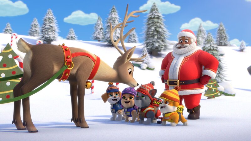 v.li.: Santa Claus’ reindeer, Wheeler, Mix, Charger, Rubble, Santa Claus – Bild: Paramount