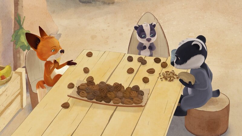 Rosie und Matteo wollen Emmie erklären, wie sie ganz leicht Nüsse öffnen kann. – Bild: WDR/​Mediatoon