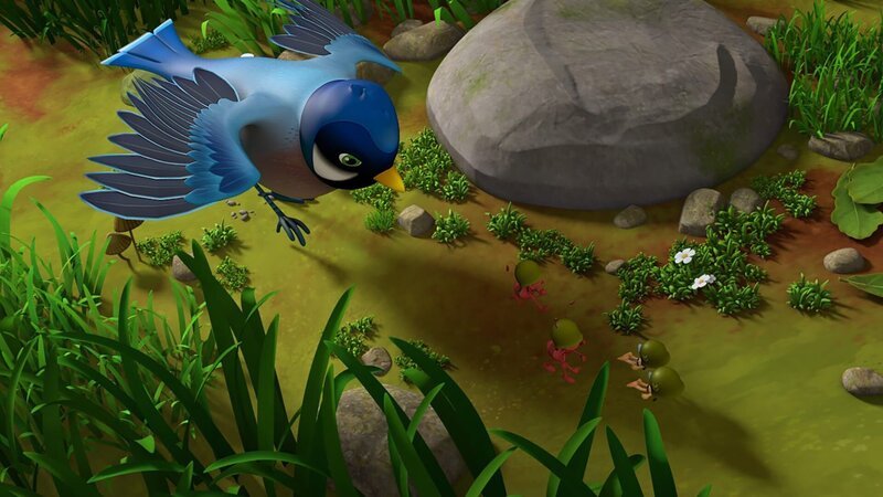 Die Blaumeise greift die beiden Ameisen und die beiden Bienen an. – Bild: ZDF/​Studio 100 Animation