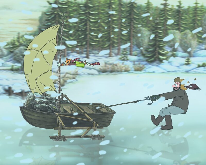 Ein plötzlicher Sturm fegt Pettersson und sein Boot über den zugefrorenen See. – Bild: ZDF und TV Loonland