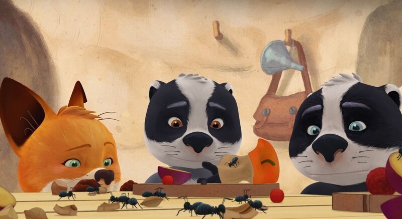 Rosie und die Zwillinge sehen, wie sich die vielen Ameisen über die Essensreste hermachen. – Bild: WDR/​Mediatoon