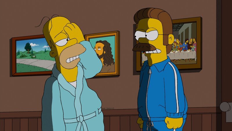 „Die Simpsons“: Ned Flanders’ Eltern kommen zu Besuch; Homer versteht sich prächtig mit ihnen. Ned plagt die Eifersucht und schlägt Homer ins Gesicht. Homer muss nun eine Augenklappe tragen. Gleichzeitig bekommt Lisa eine Vertretungslehrerin, die sie offenbar hasst. – Bild: ProSieben
