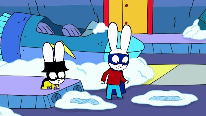 Captain Hase (links) und Superhase (rechts) folgen den Fußspuren, die sie hoffentlich zum Schurken führen, der alles eingefroren hat. – Bild: ZDF/​GO-N Productions