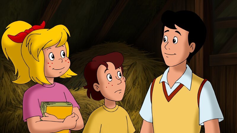 Die Cousine von Moritz (M.) heißt Emma Meier. Alex (r.) will sich an der Suche beteiligen. – Bild: ZDF/​Kiddinx – Berlin