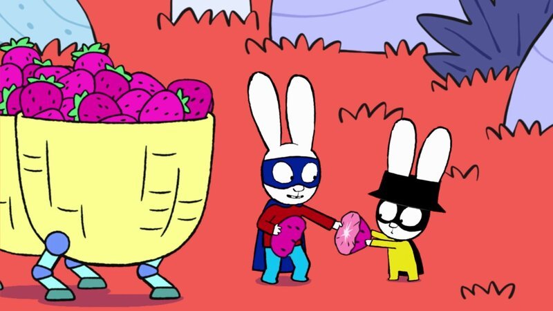 Teilen macht allen Freude! Und so teilen sich die ehemaligen Streithähne Superhase (l.) und Captain Hase (r.) am Ende sogar die Erdbeeren. – Bild: GO-N Productions