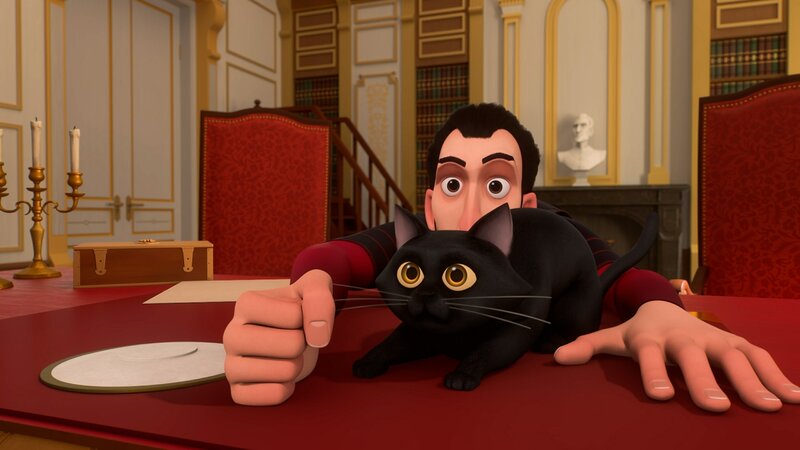 Richelieu hat sich der schwarzen Katze angenommen und verteidigt sie gegen die aufgebrachten Pariser. – Bild: ZDF/​Method Animation/​Palomar/​ZDF Studios