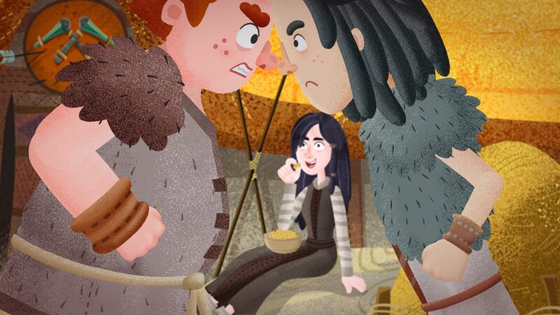 Brock und Mimo streiten sich, wer der Stärkere ist und Kula amüsiert sich über die beiden. – Bild: KiKA/​Mideu Films/​MDR/​hr/​BR/​SWR/​WDR