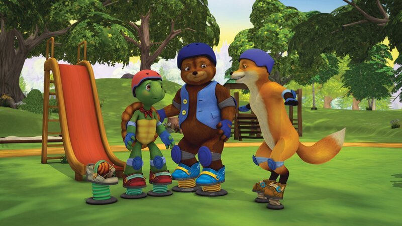 Als Franklin feststellt, dass fast all seine Freunde Springschuhe haben, braucht er auch unbedingt welche. Doch als er sie sich endlich durch Hausarbeit verdient hat, kommt er überhaupt nicht damit klar â€“ er kann einfach nicht damit hüpfen. – Bild: KiKA/​Nelvana Limited/​Infinite Frameworks Pte Ltd.