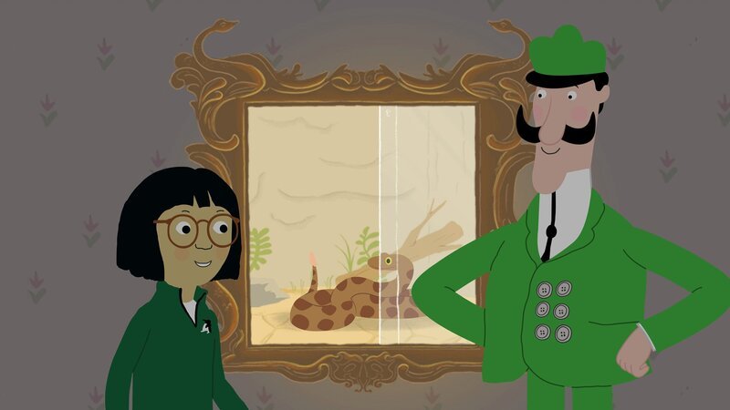 Zoodirektor Peek hat seine Stimme verloren. Inspiriert von der Klapperschlange, erfinden die Peeks einfach eine neue Sprache. – Bild: KiKA/​Igloo Productions Ltd