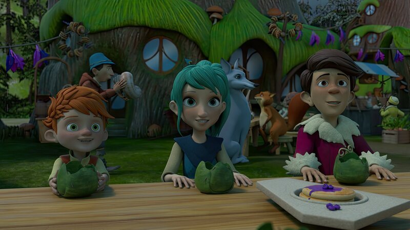 Nach all dem Schrecken und Regen, können Yuki (links), Glyn (Mitte), Tipsar (rechts) und die restliche Bevölkerung von Frondosa endlich ausgelassen feiern. – Bild: ZDF/​SHOWLAB FABRIQUE D’IMAGES TELEGAEL