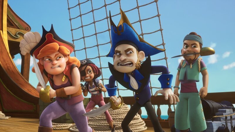 Die Lehrer der Pirate Academy, Käpt’n Raubein (l.), Käpt’n Säbelrost (2.v.l.), Käpt’n Flint (2.v.r.) und Käpt’n Samsodin (r.), lassen sich von ihren Schülern nicht auf dem Kopf herumtanzen. – Bild: Method Animation – Mediawan kids & family