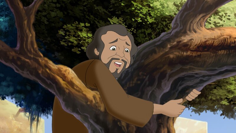 Zachäus riskiert alles, um einen Blick auf Jesus werfen zu können. – Bild: KI.KA/​Cross Media/​Beta/​Trickcompany