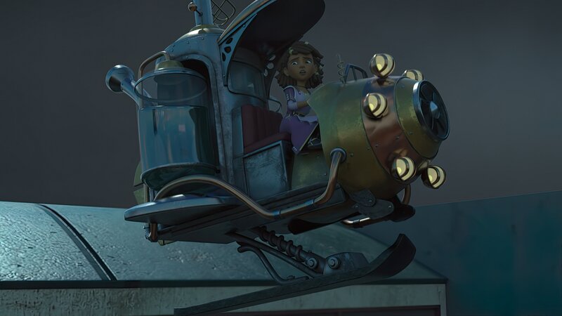 Als sie entdeckt wird, flieht Ailina mit Graylocks neuer Flugmaschine vor ihren Entdeckern. – Bild: ZDF/​SHOWLAB FABRIQUE D’IMAGES TELEGAEL