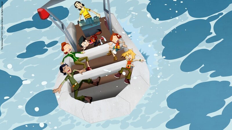 In seinem kleinen Boot ist das Green Team der rauen See ausgesetzt. – Bild: KiKA/​Gaumont-Alphanim