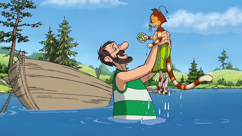 Pettersson (li.) ist sehr stolz auf Findus (re.), der trotz seiner Wasserscheu bis zur kleinen Insel geschwommen ist. Dafür bekommt er das Seepferd-Abzeichen! – Bild: ZDF/​TV Loonland