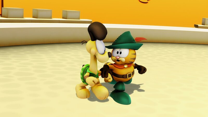 Natürlich kommen in dem von Garfield erfundenen Märchen ein wahnsinnig gutaussehender, billanter Kater und ein selten dämlicher Hund vor. – Bild: HR/​DARGAUD MEDIA