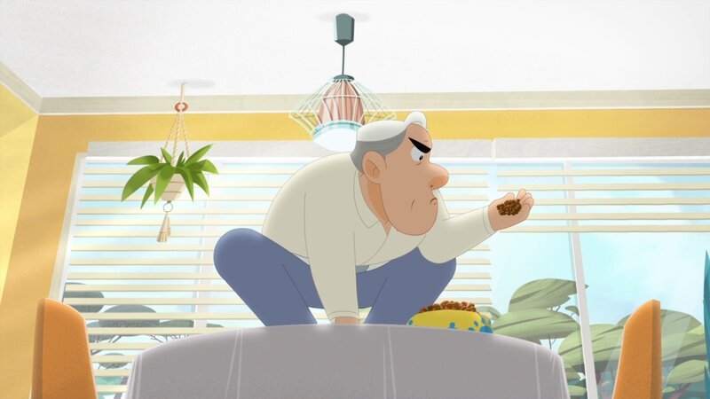 Sam, der Freund von Rebeccas Mutter, benimmt sich plötzlich sehr merkwürdig. Es ist, als ob er sich für einen Affen halten würde. – Bild: ZDF/​Media Valley