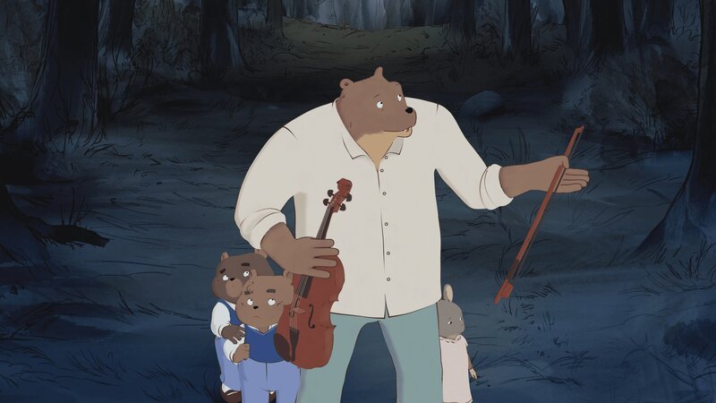 Ernest (2.v.re.) und Celestine (re.) haben die beiden Neffen von Madame Tulipe (li., 2.v.li.) endlich im Wald gefunden. Doch plötzlich verlaufen sie sich. – Bild: ZDF/​2021 Folivari/​So-Nord/​RTBF