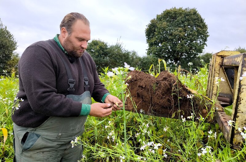 Klaus Marten Thorn kontrolliert den Boden: Ist er verwurzelt und fällt leicht auseinander, kann er hier wieder Tannenbäume pflanzen. – Bild: NDR