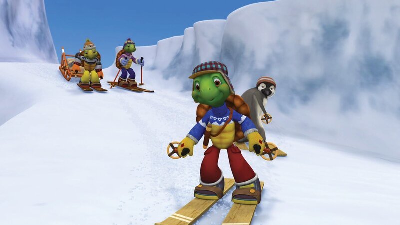 Auf Skiern kommen die Schildkrötenfamilie und Pip schneller zum Ziel. – Bild: KiKA/​Nelvana International Limited