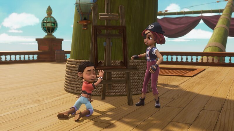 Finn (l.) scheint untröstlich, dass das Gemälde weg ist, auf dem er verewigt wurde. Ella Säbelrost (r.) ist ratlos. – Bild: Method Animation – Mediawan kids & family