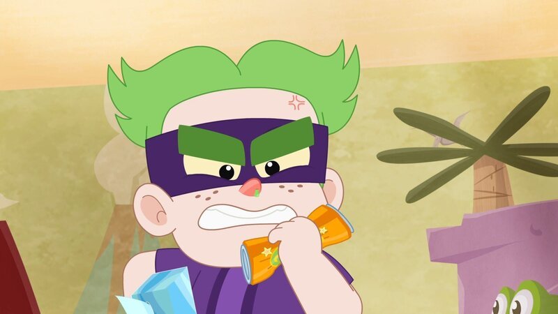 Pierrick ist durch ein Virus von Ernest zu einem etwas merkwürdigen Superhelden geworden. Er nennt sich selbst „Super-Rotznase“. – Bild: ZDF/​Ernest & Rebecca – Media Valley