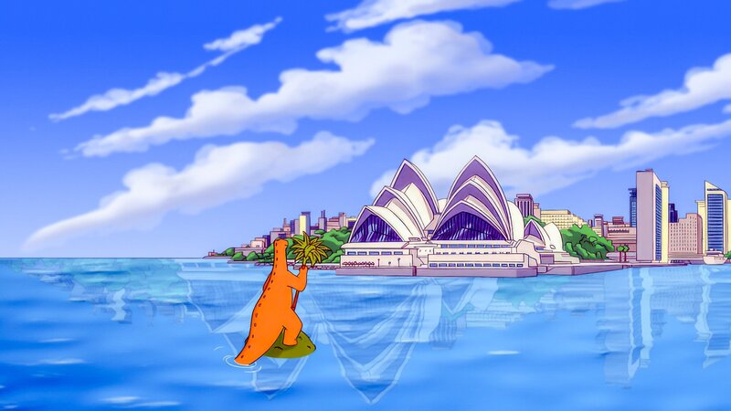 „Tom“, „Tom in Australien.“ Wanda und Tip gehen Bösewicht Mr. Carter in die Falle. Der Saurier folgt den Spuren seiner entführten Freunde zum weltberühmten Felsenberg Ayers Rock. Er ahnt nicht, dass Mr. Carter ihn dort bereits erwartet. – Bild: ORF/​Cromosoma