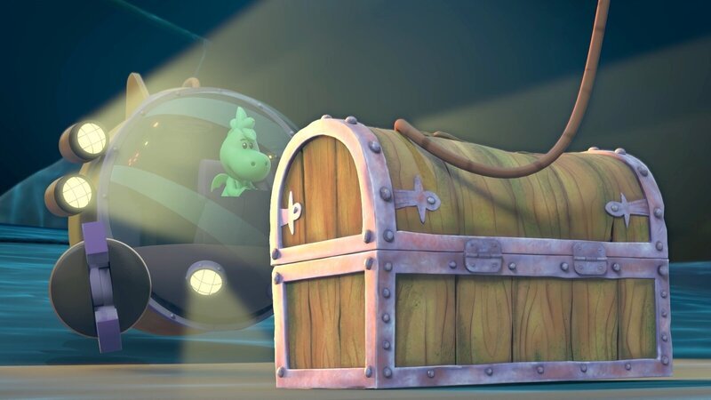 Grisu fragt sich zurecht, ob das dünne Seil die schwere Schatzkiste hochziehen kann. – Bild: MONDO TV Group, Pagot, Calidra, T2T, ZDFS