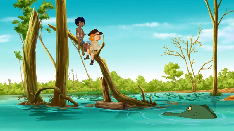 Lilli und Yuri retten sich vor dem Krokodil. – Bild: ORF 1