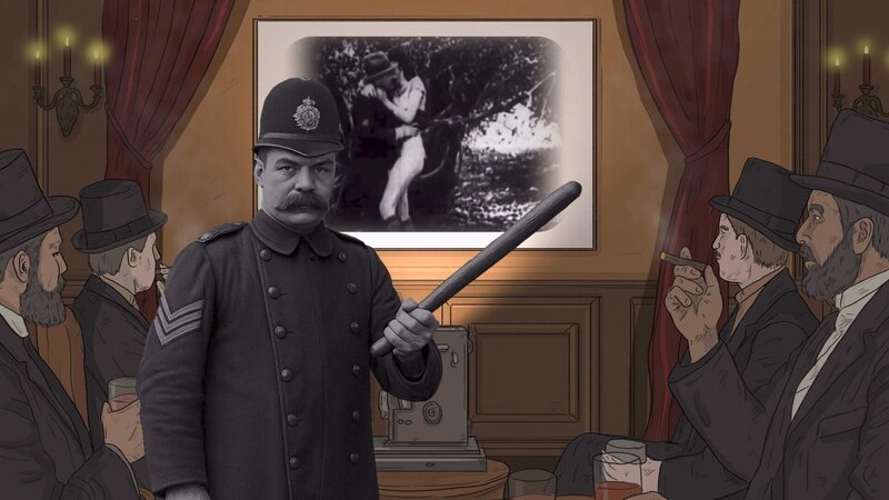  Eine Animation/​Grafik zeigt eine Gruppe von Männern in den 1920er Jahren, die sich im Rahmen eines Herrenabends einen „Vintage Porn“ ansehen. – Bild: ORF/​Nikolaus Geyrhalter Filmproduktion GmbH