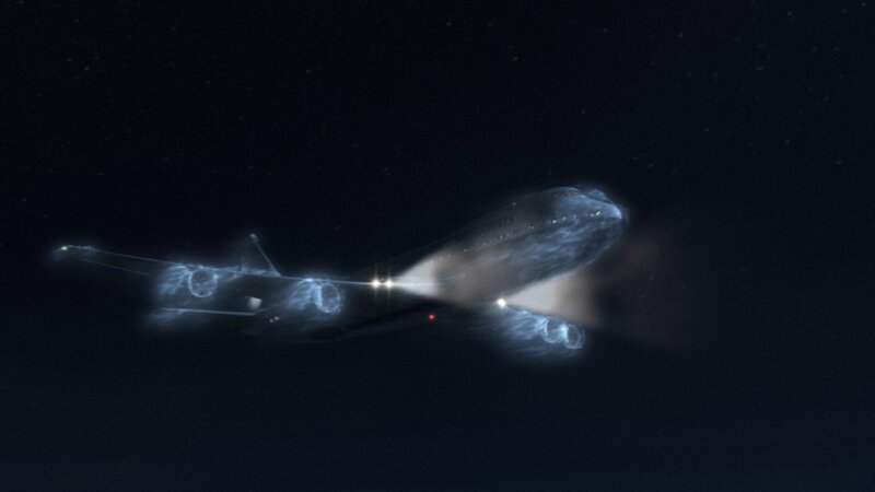 CGI – BA Flug 009, Flugzeugscheinwerfer und Luftbewegung über dem Flugzeugkörper. – Bild: The National Geographic Channel
