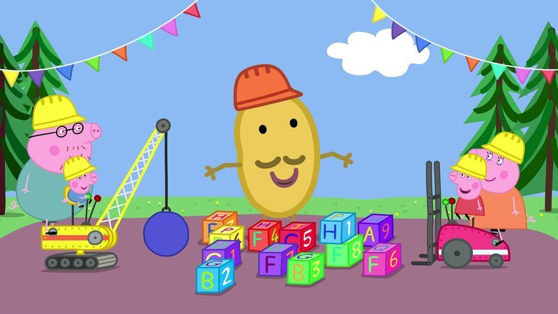 v.li.: Daddy Pig, George Pig, Mr. Potato, Peppa Pig, Mummy Pig. – Bild: Paramount