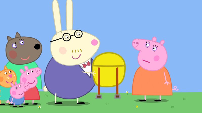 L-R: Candy Cat, Mrs. Dog (hinter), George Pig, Peppa Pig, Mr. Rabbit, Mummy Pig – Bild: Paramount