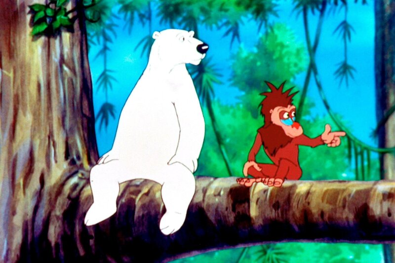 „Noahs Insel“, „Das große Heulen.“ Alle Affen auf Noahs Insel sind von einer geheimnisvollen Jodel-Heulkrankheit befallen. Alle Affen? Mandrill Rick hat mit der Heulerei nichts am Hut, sondern widmet sich mit Feuereifer seinem neuen Hobby, den Schmetterlingen. Seit er entdeckt hat, dass er die Flattertiere mittels eines Blasholzes herbeilocken kann, sperrt er sie in seine Höhle und gibt sie zur Besichtigung frei. Natürlich nicht umsonst. Zum Preis von einer Kokosnuss können die Insulaner Ricks Schmetterling-Show besuchen. Die mißtrauische Bärin Ursula sieht bestätigt, was sie längst geahnt hat: Ein Mandrill, der keine Affenkrankheit kriegt und stattdessen Kapitalismus betreibt, ist ein Mensch und somit eine Gefahr für die anderen. Als Rick sich auf einer nahen Insel absetzen lässt, um neue Exemplare für seine Schmetterlingssammlung zu fangen, sorgt Ursula dafür, dass die Insel abtreibt. Was sie nicht ahnt: auch Noah war von Bord gegangen. – Bild: ORF (FS1/​FS2)