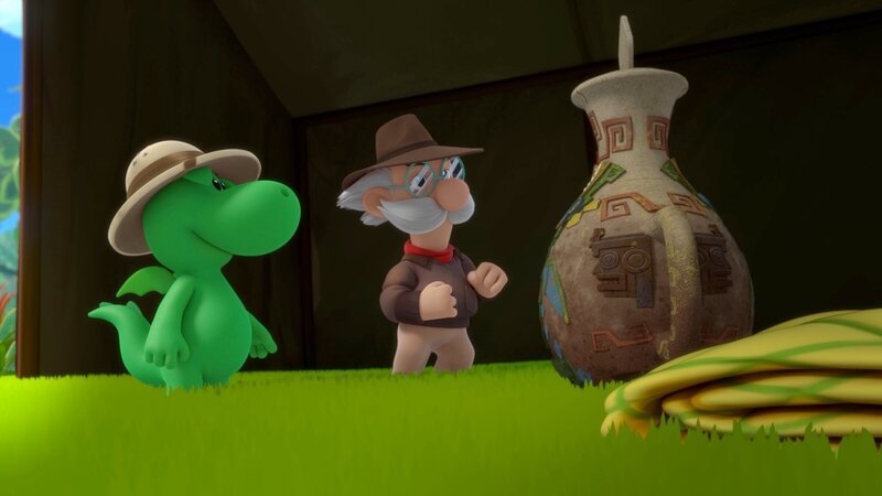 Die Drachen-Vase, die Grisu nach Drachenstadt bringen soll, ist größer als er selbst. – Bild: MONDO TV Group /​ Pagot /​ Calidra /​ T2T /​ ZDFS