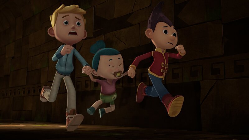 Jack und Tashi müssen Cousinchen aus dem Dämonen-Tempel retten. – Bild: KiKA/​Flying Bark Productions Pty Ltd.