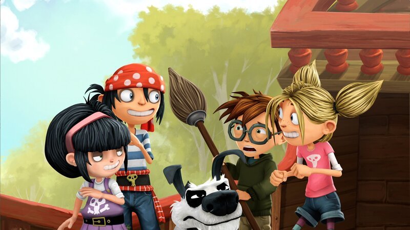 Zoé, Harvey und Lassie bilden ein Team bei der großen Schnitzeljagd zu Ehren der Gründerin des Nationalparks. Harveys Mutter Beth (hinten r.) und Zoés Eltern Sarah (hinten 2.v.r.) und Graham (hinten 3.v.r.) sind stolz auf ihre Kinder. – Bild: WDR/​Cyber Group Studios /​ France Télévisions /​ Blue Spirit Studios /​ Sofitvcine 4