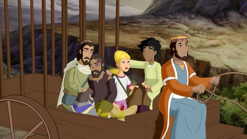 Habib und der Samariter (li.) können dem Verletzten am Wegesrand doch noch in letzter Sekunde helfen. – Bild: KI.KA/​Cross Media/​Beta/​Trickcompany