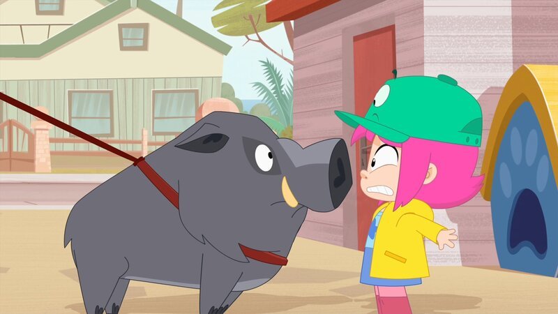 Rebecca kann es nicht fassen. Statt des versprochenen Ponys hat Opa ein Wildschwein für ihre Party mitgebracht. Da werden ihre Gäste enttäuscht sein. – Bild: ZDF/​Media Valley