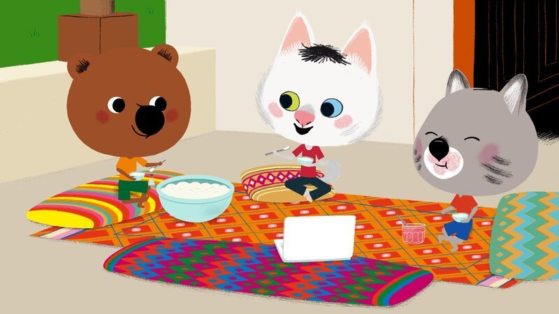 Mouk und Chavapa besuchen ihren Freund Kedi in der Türkei. Dort gibt es leckeren Joghurt, den Kedi wie viele seiner Landsleute mit Salz isst. – Bild: KiKA/​Millimages