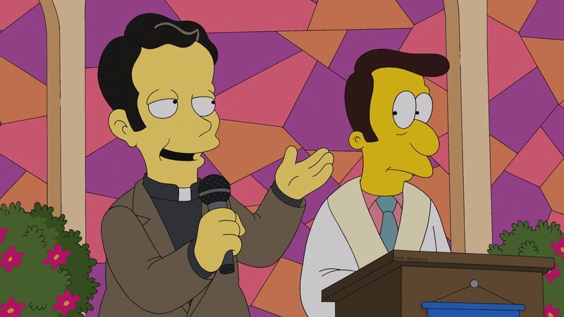 Ganz Springfield ist von einer Bettwanzen-Plage befallen, seitdem sich die Simpsons in New York eine neue Couch gekauft haben. Mit der Plage wachsen auch die Ängste der Bewohner, und sie suchen Trost in der Kirche. Reverend Lovejoy (r.) ist mit der Situation vollkommen überfordert und bekommt Unterstützung von Priester Elijah Hooper (l.) … – Bild: Twentieth Century Fox Film Corporation