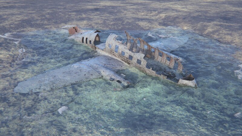 C46 Recon: Das teilweise trockengelegte Wrack des Flugzeugs C46 (ein Frachter aus dem Zweiten Weltkrieg) im Meer vor der Insel Norman’s Cay auf den Bahamas. Das Wrack zeigt das Flugzeug in seinem jetzigen Zustand. – Bild: NGC NETWORK US, LLC