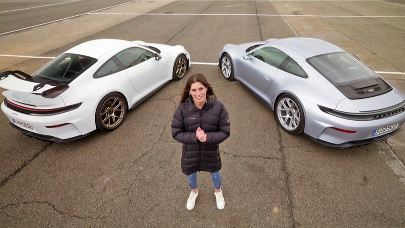 GRIP-Testfahrerin Cyndie Allemann testet zwei Varianten: den "normalen" Porsche 911 GT3 und den dezenteren GT3 Touring. – Bild: RTLZWEI