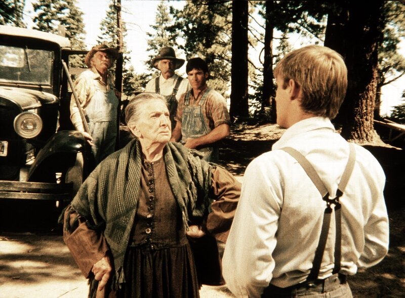 John-Boy (Richard Thomas, r.) spricht mit Martha Corinne (Beulah Bondi, vorne M.), einer Verwandten der Waltons, die gezwungen wird, ihr Land zu verlassen – Bild: Sat.1 Gold