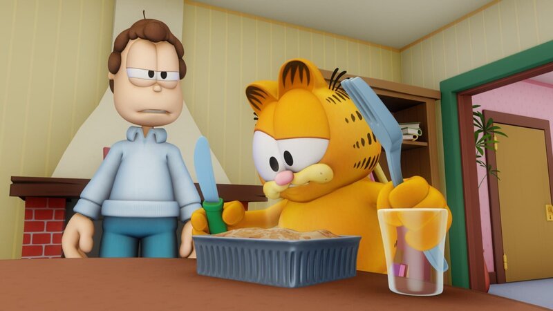 Vitos Lasagne schmeckt nicht mehr, doch Garfield will um nichts in der Welt auf seine geliebte Lasagne verzichten. – Bild: HR/​DARGAUD MEDIA
